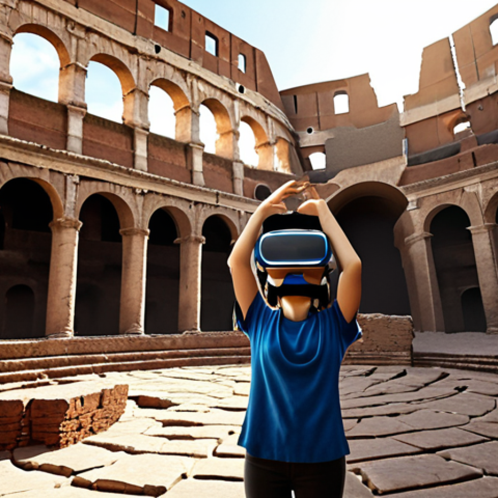 Immersive Learning Experience**

Prompt: A student wearing a VR headset, standing in a photorealistic recreation of the Colosseum in ancient Rome. Sunlight streams through the broken arches, dust motes dance in the air. The student is reaching out to touch a virtual brick, a look of wonder on their face. High detail, realistic lighting, vibrant colors.

**