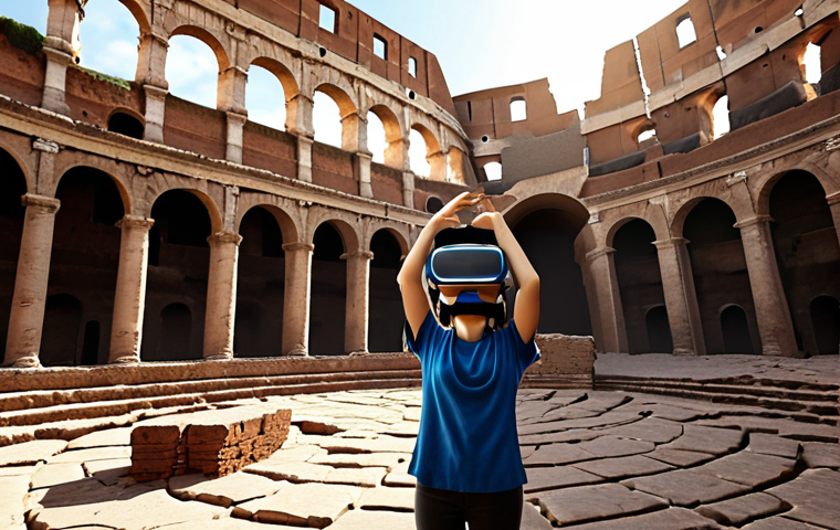 Immersive Learning Experience**

Prompt: A student wearing a VR headset, standing in a photorealistic recreation of the Colosseum in ancient Rome. Sunlight streams through the broken arches, dust motes dance in the air. The student is reaching out to touch a virtual brick, a look of wonder on their face. High detail, realistic lighting, vibrant colors.

**