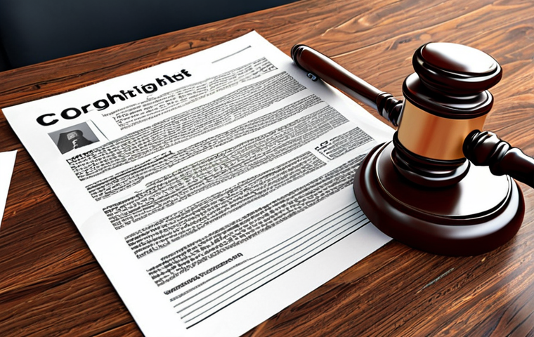 **"Digital artist defending copyright online, watermark visible, blockchain background, legal documents scattered."** (Focuses on copyright protection)