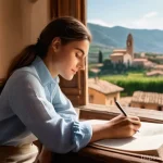 Home 9 지식생태계에서의 콘텐츠 생성 전략 - **Authentic Italian Storyteller at Work:** A young Italian woman, dressed in a chic but comfortable ...