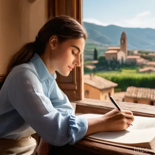 Home 3 지식생태계에서의 콘텐츠 생성 전략 - **Authentic Italian Storyteller at Work:** A young Italian woman, dressed in a chic but comfortable ...