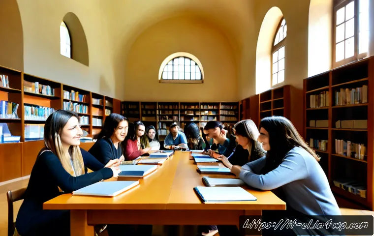 지식생태계 조성을 위한 새로운 접근법 - Photorealistic collaborative learning hub in a sunlit Italian civic library, diverse adults and univ...