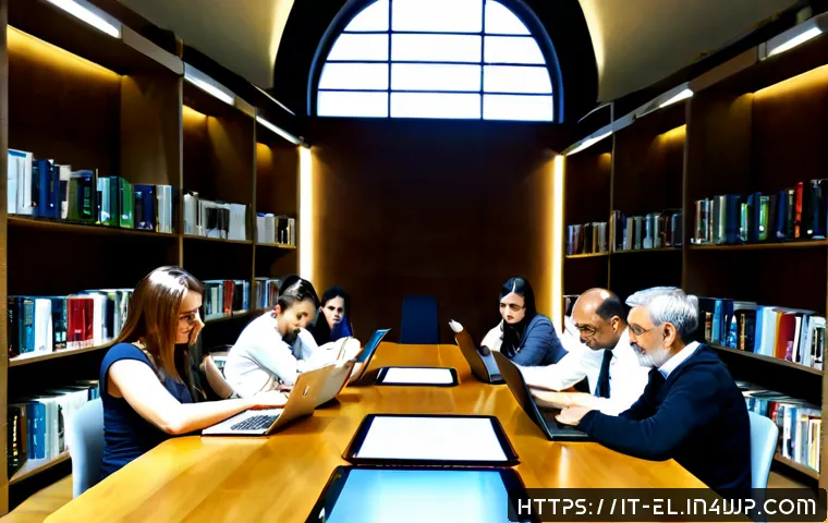 Home 13 지식생태계와 디지털 트랜스포메이션 - Photorealistic modern Italian university library in Milan, diverse adult students and a professor co...